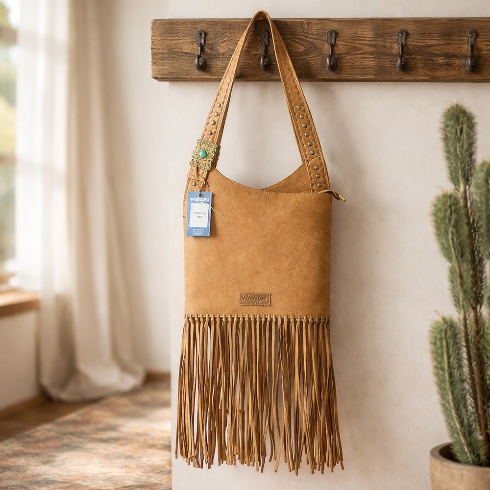 Wrangler Turquoise Stone Concho Fringe Purse Brown NWT Western Hippie Hobo Bag